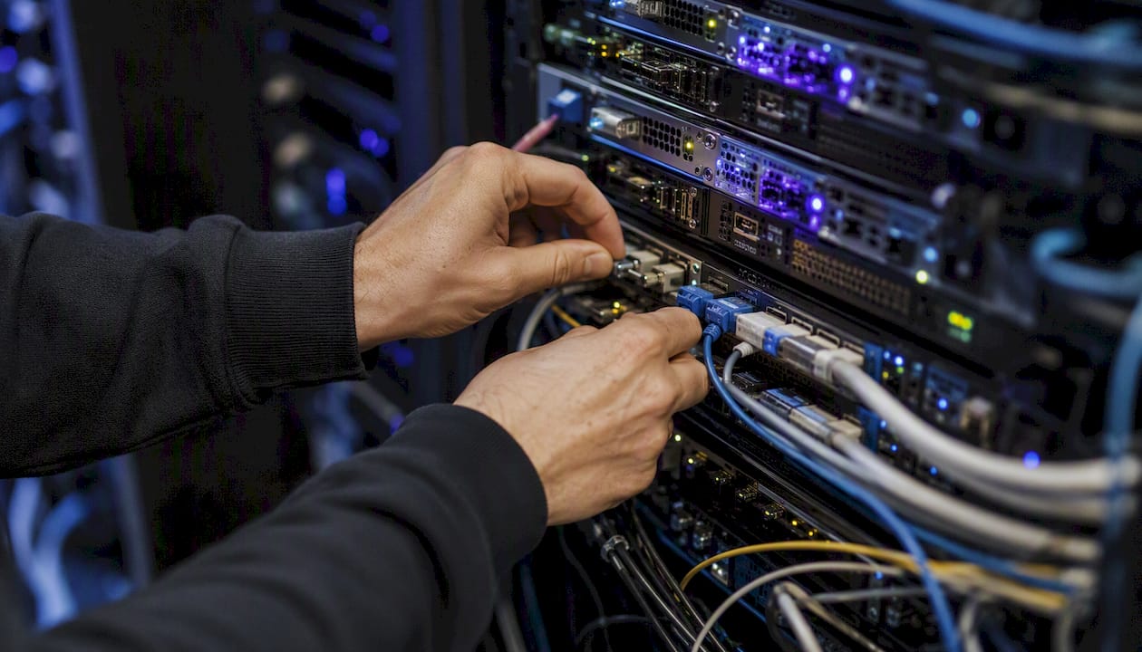 Hands connecting network cables in server room