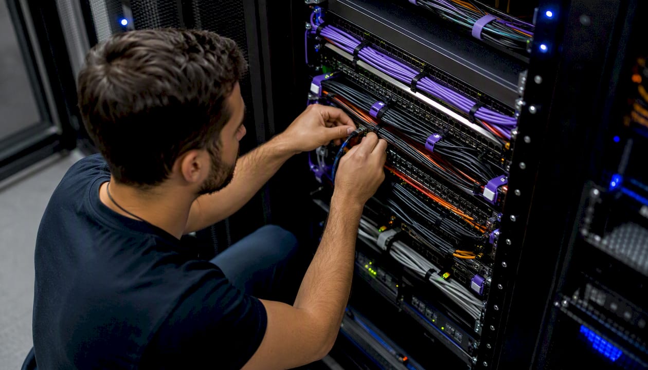 Hands wiring network patch panel in data center