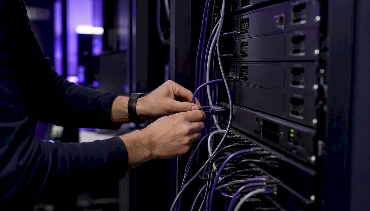 Hands connecting cable in technical deployment