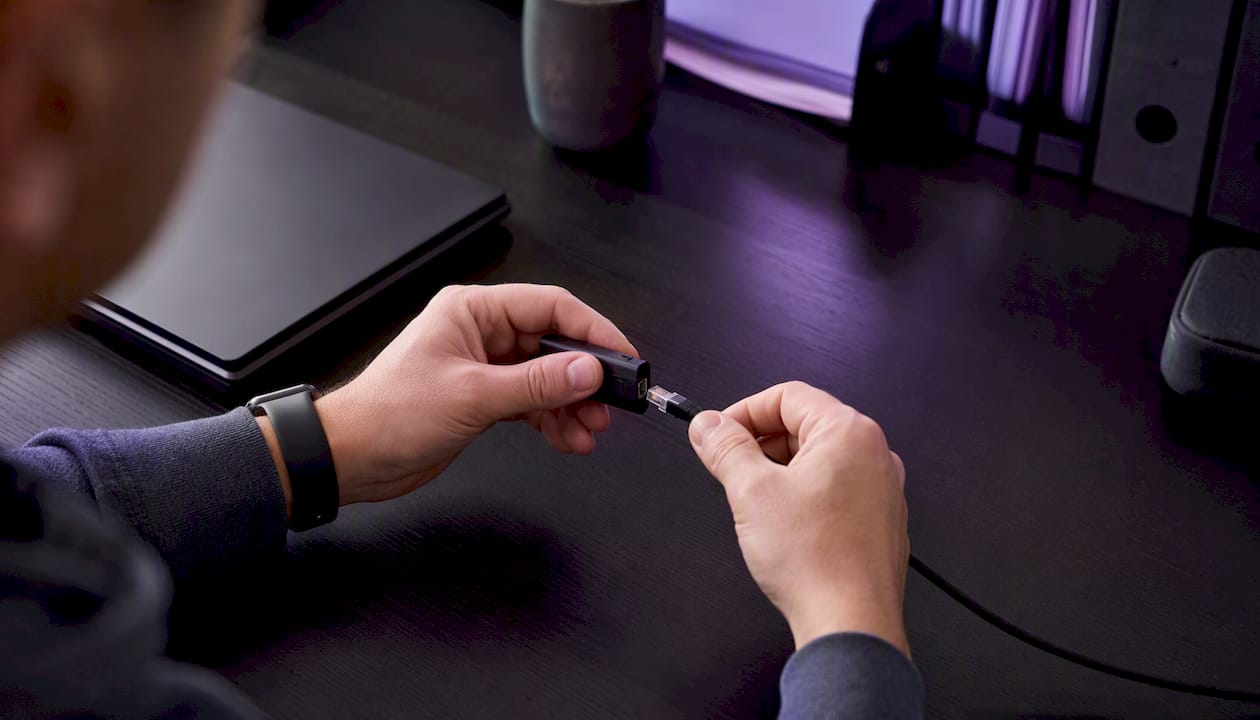 Hands connecting network cable to security token