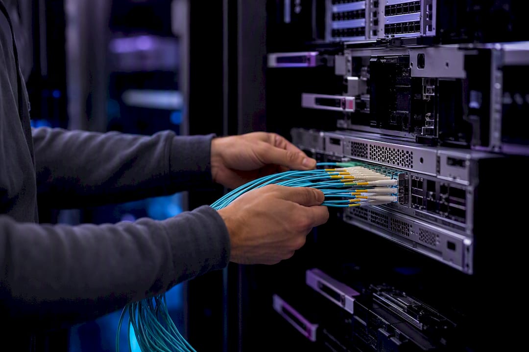 Hands wiring network cables in server rack