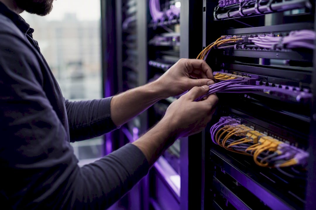 Hands setting up network cables in tech lab