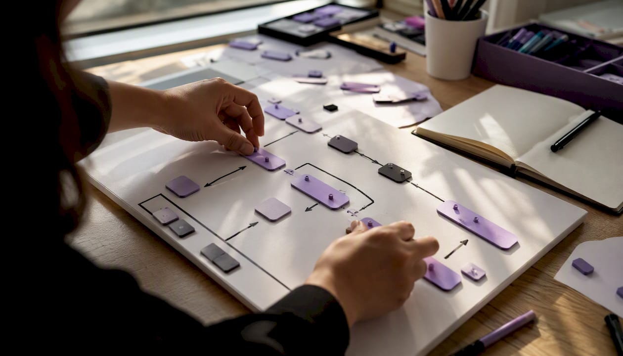 Hands adjusting workflow simulation model