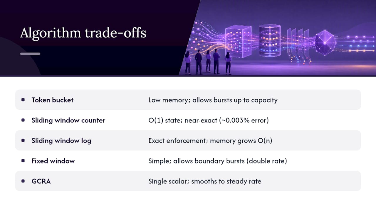 Comparison of rate limiting algorithms by memory and precision