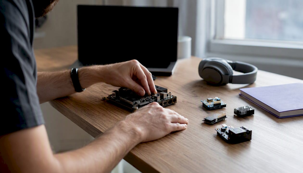 Hands assembling modular tech with dark screens off