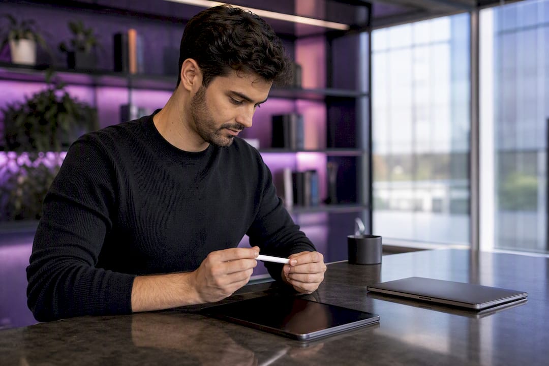 Hands holding stylus over tablet and notebook