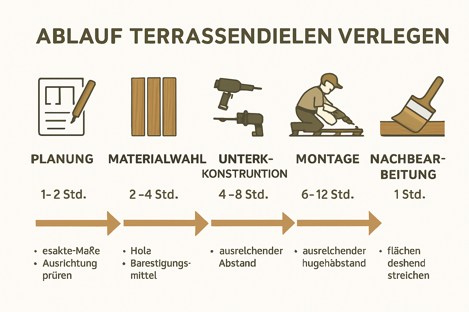 Terrassendielen verlegen Anleitung: Schritt-für-Schritt zum perfekten Boden 1 Ablaufschritte Terrassendielen verlegen als Infografik visualisiert