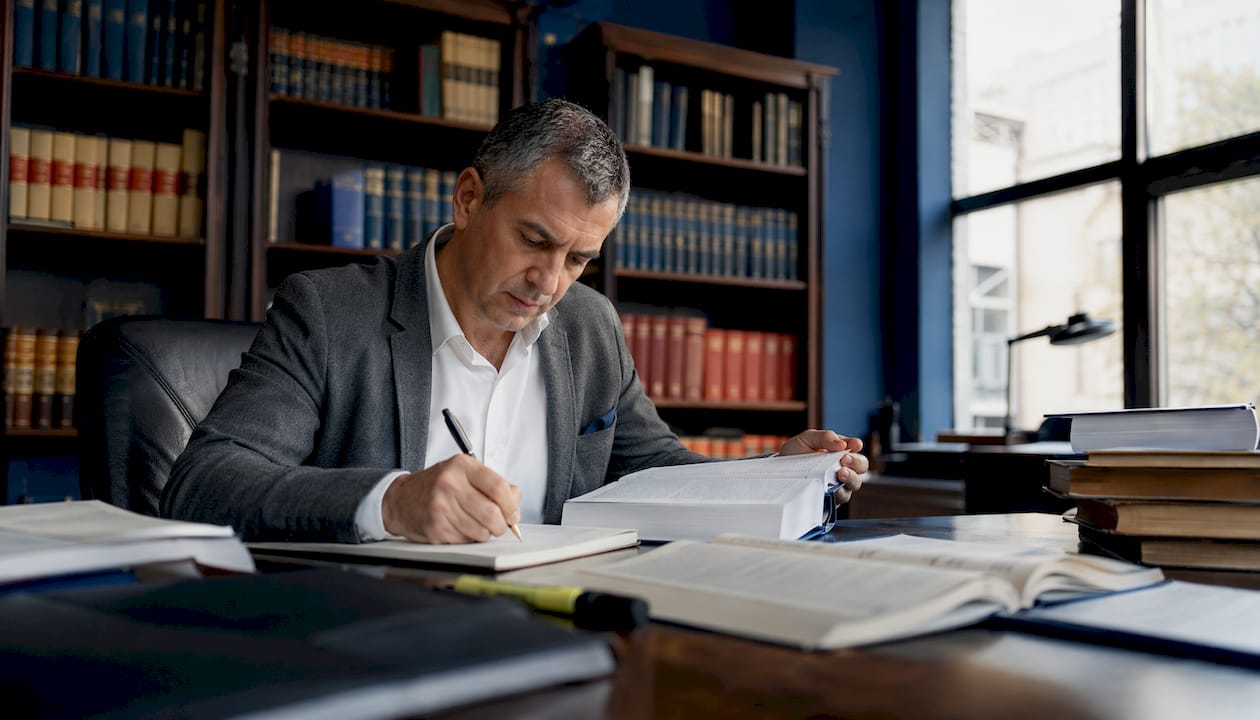 Un impiegato consulta i testi normativi nella biblioteca dell’ufficio.