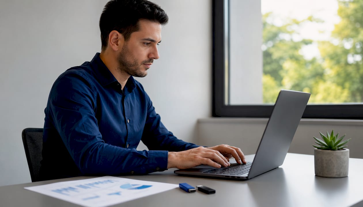 Un tecnico al lavoro che digita sulla tastiera nel suo ufficio IT