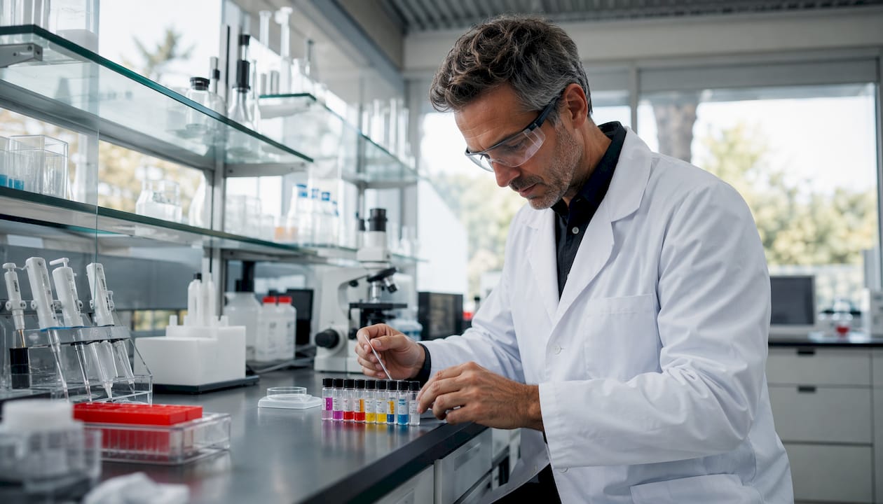Hand inspecting analytical use labels in lab