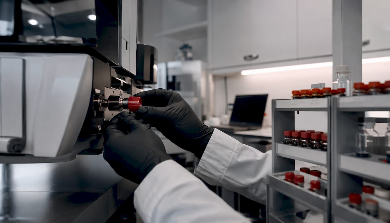 Hands calibrating lab instrument with certified reference material