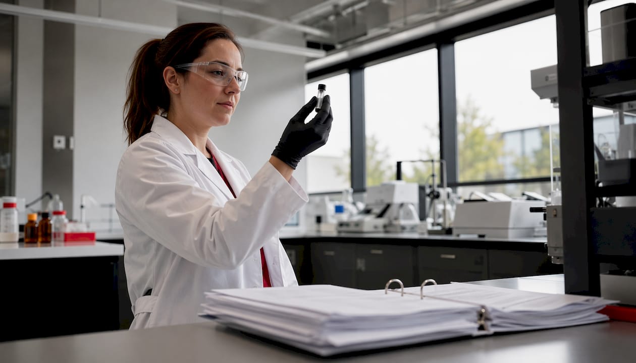 Lab technician examining certified reference material vial