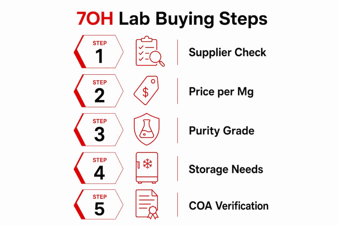 Infographic outlining 7-hydroxymitragynine lab buying steps