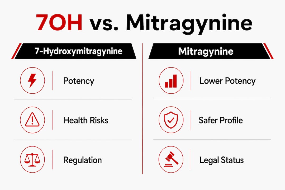 Infographic comparing 7OH and mitragynine key attributes