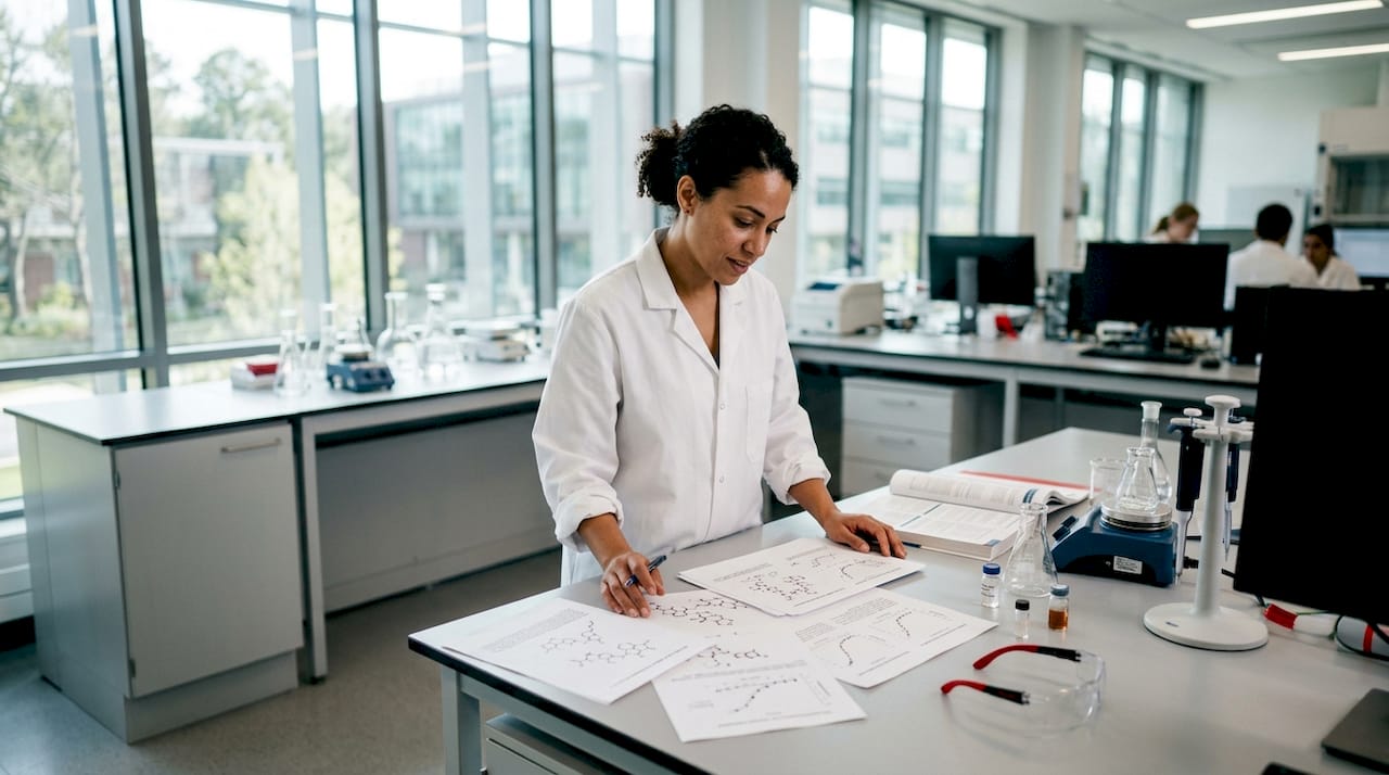 Pharmacologist reviewing 7OH research at lab bench