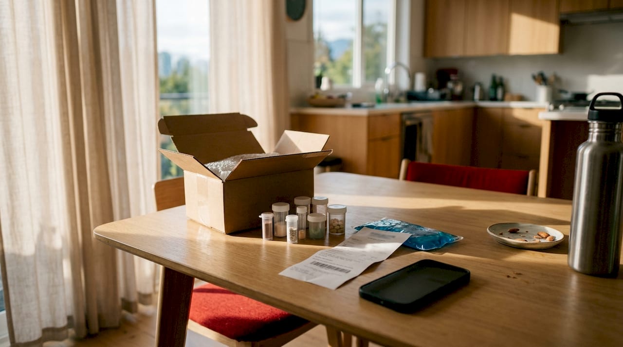 Overhead view of 7OH products on office desk