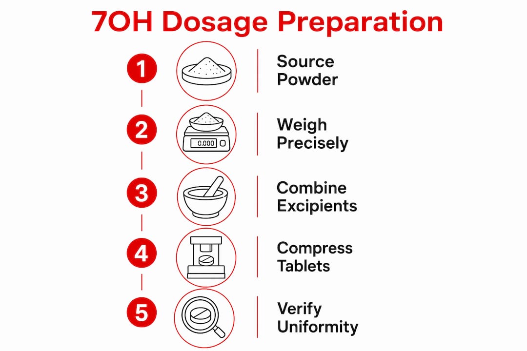 Infographic outlining 7OH dosage preparation steps