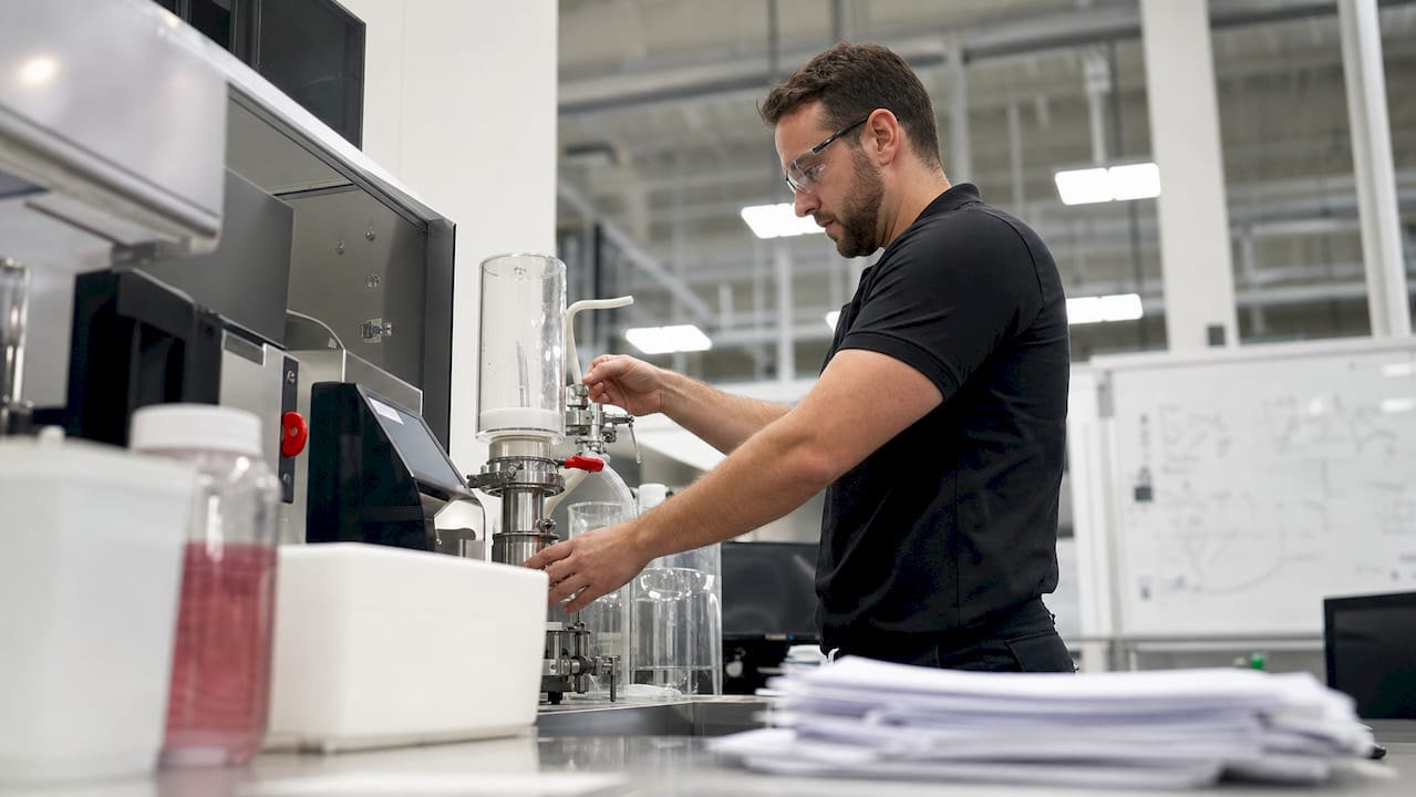 Technician operating bioprocessing equipment
