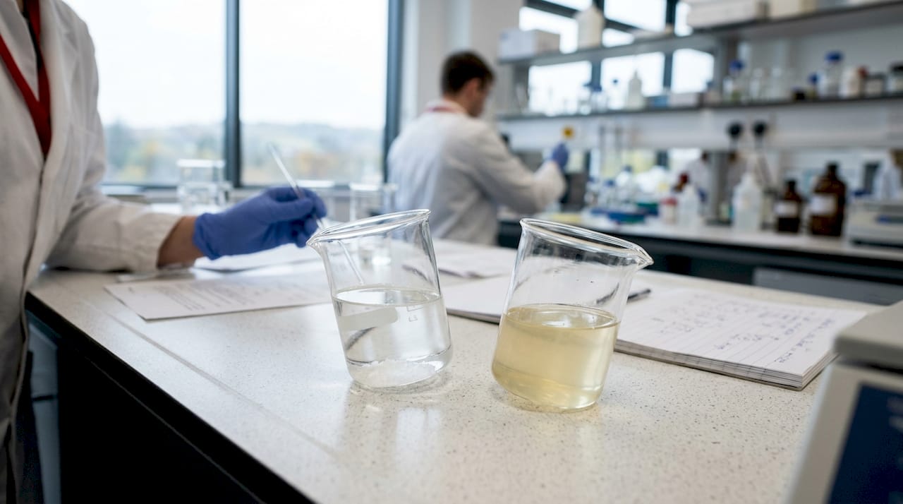 Two beakers showing 7OH and related alkaloid solutions