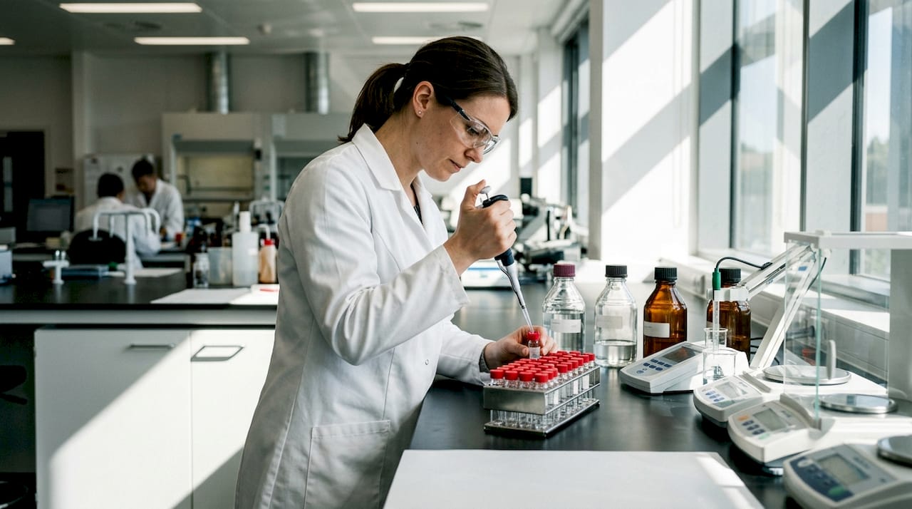 Chemist pipetting solvent in bright lab workspace