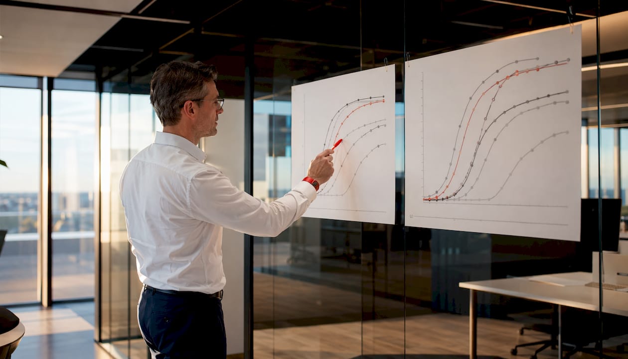 Scientist analyzing binding assay charts