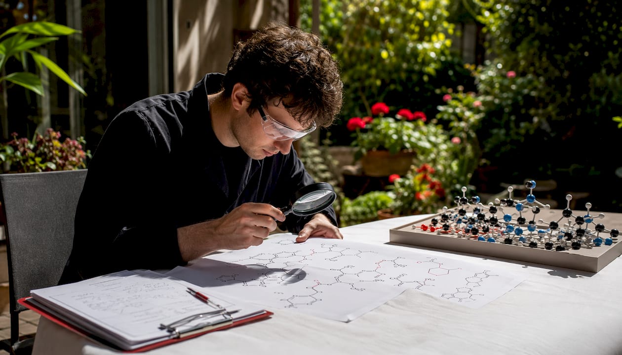 Hands examining chemical structure diagrams
