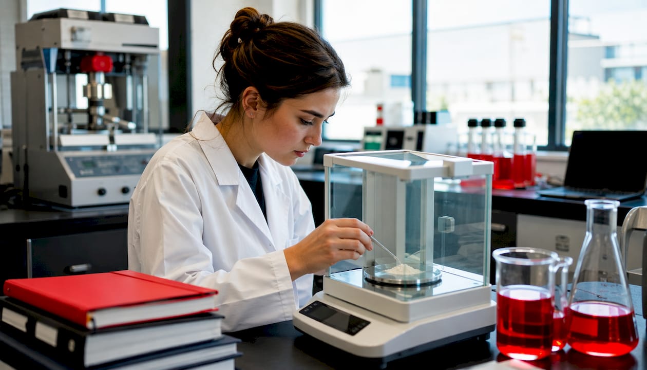 Scientist measuring 7OH powder on analytical balance