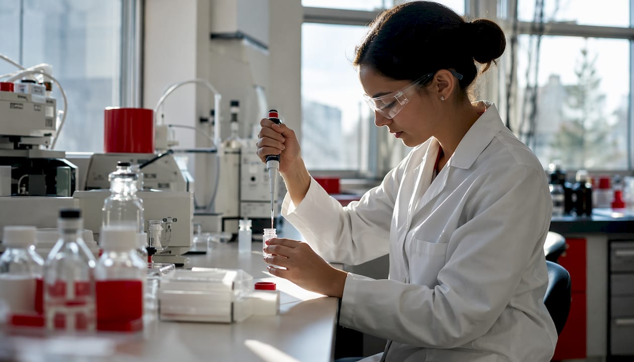 Scientist pipetting chemical in lab