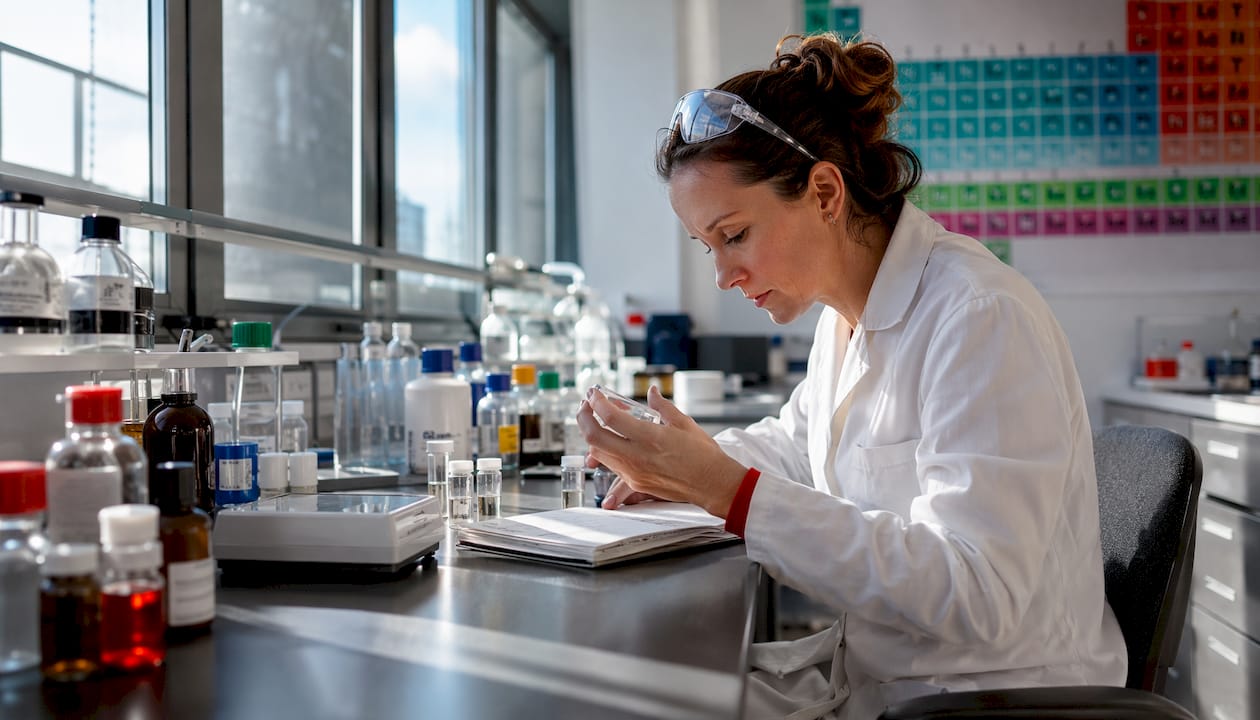 Chemist examining MGM-15 compound in lab