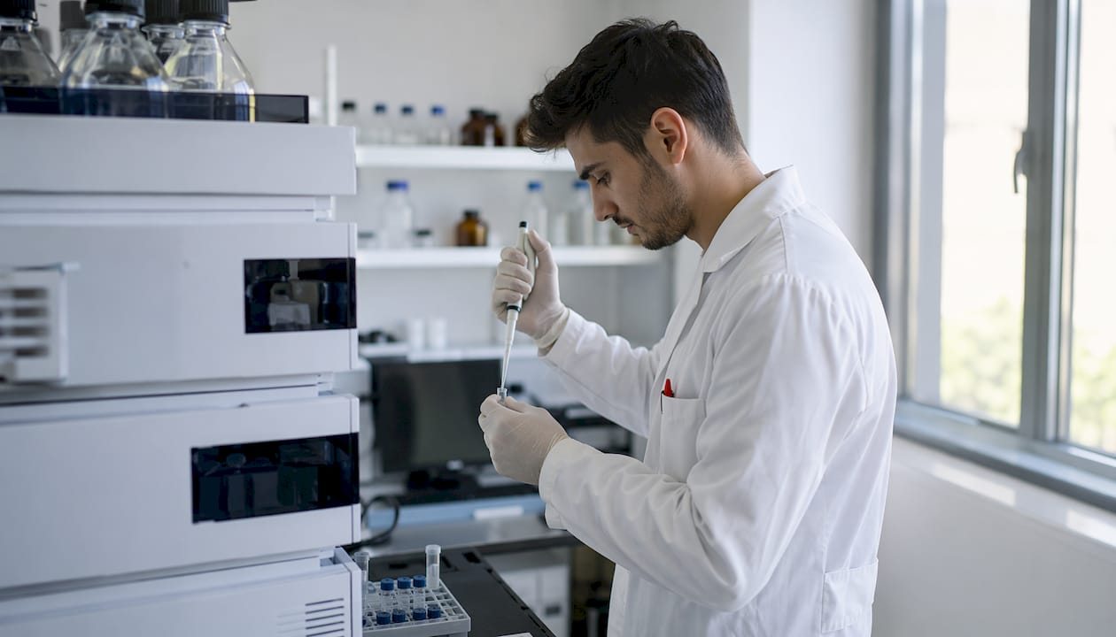Hands using micropipette for MGM-15 purity testing