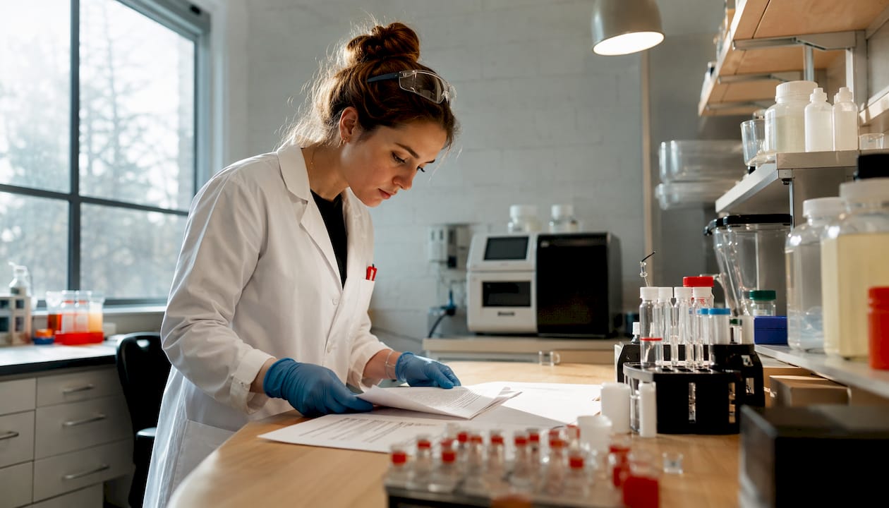Pharmacologist reviewing alkaloid assay data in lab