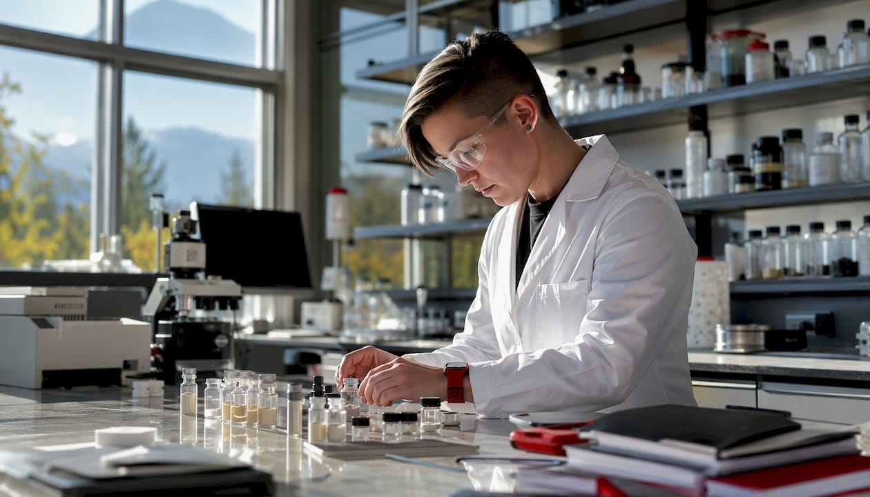 Lab chemist inspecting 7-hydroxymitragynine samples in lab