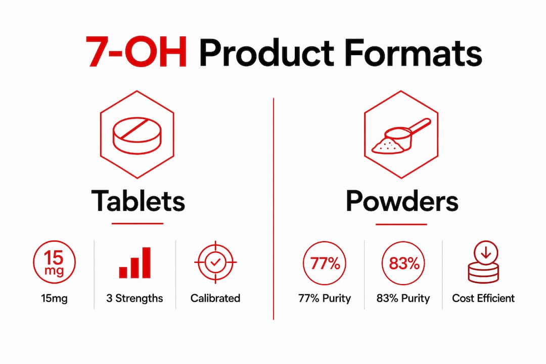 Infographic comparing tablet and powder formats for 7-hydroxymitragynine