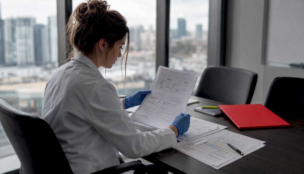 Hands annotating ISO standards document on table