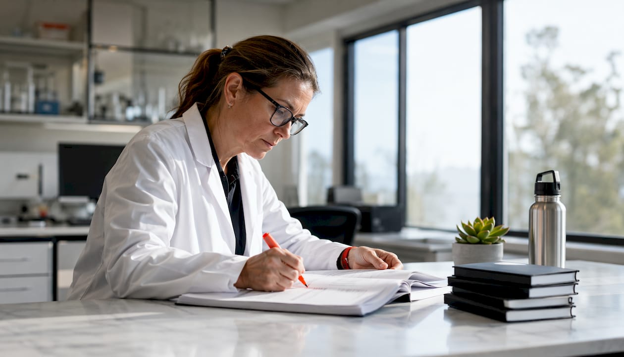 Lab professional reviewing ISO standard documents