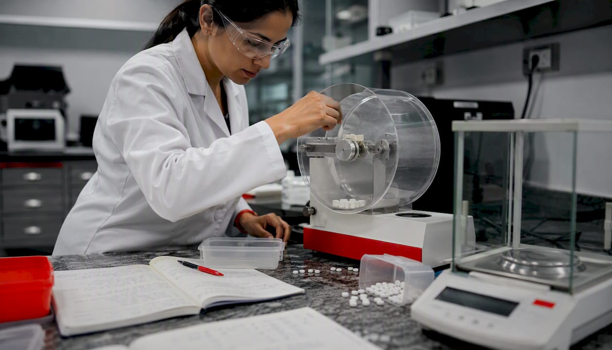 Lab technician loading tablets into friabilator drum