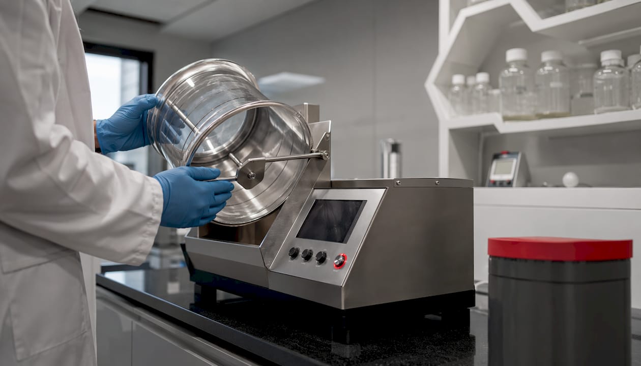 Close-up of friability testing drum in lab