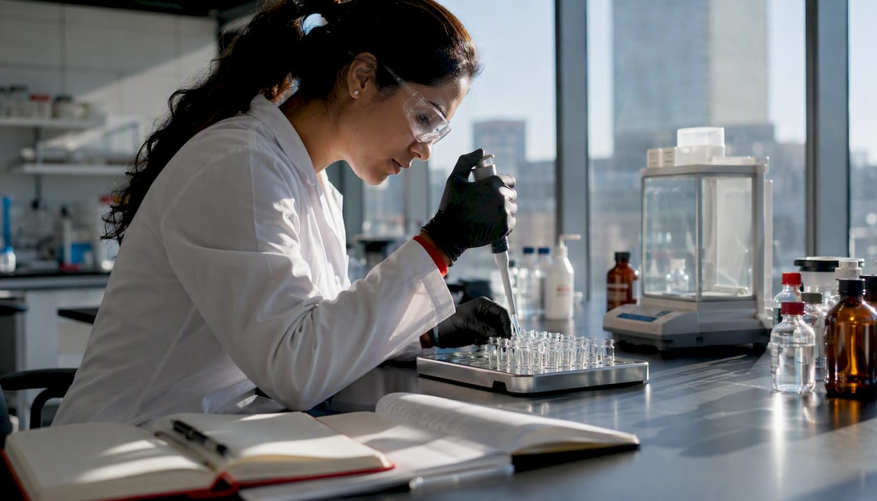 Scientist pipetting samples in pharmaceutical lab