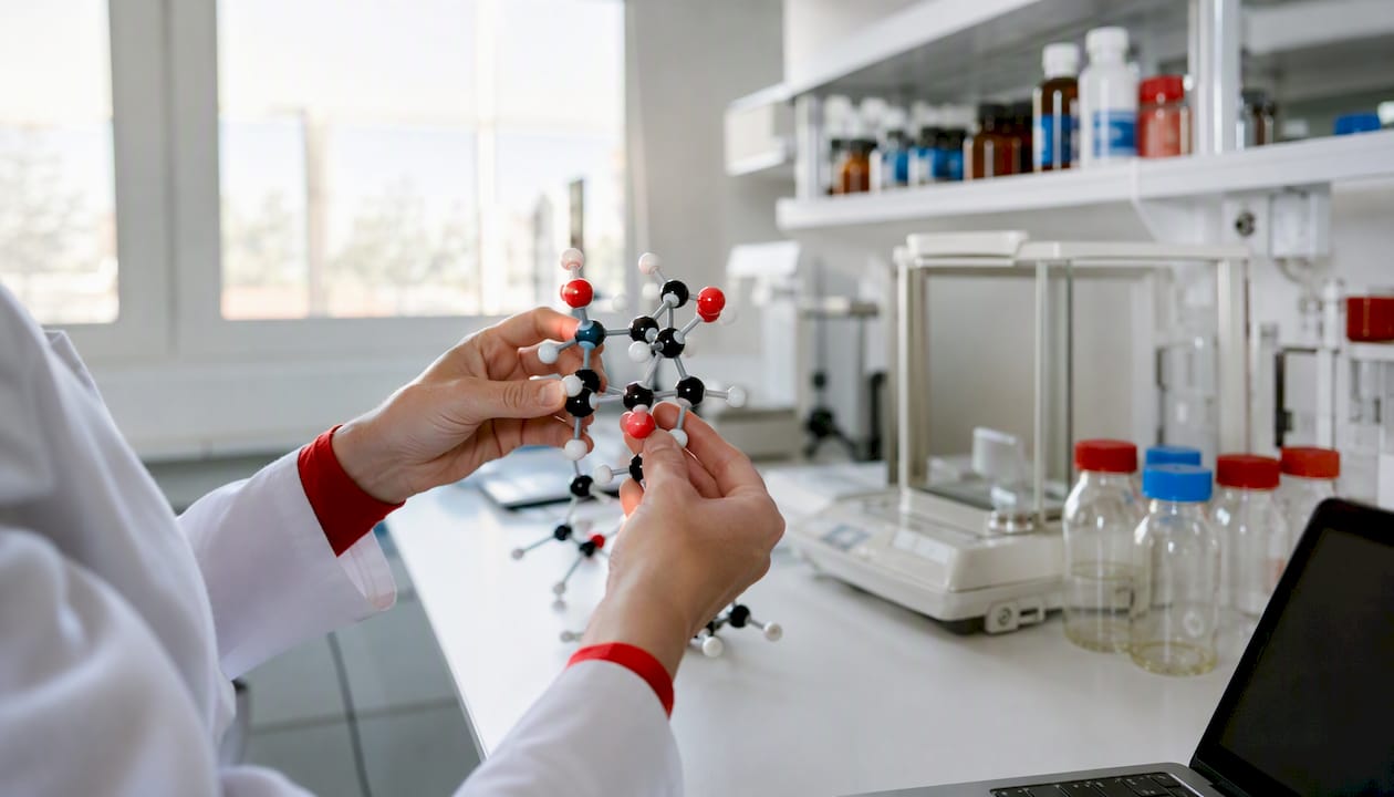Hands arranging molecular models in pharmaceutical lab