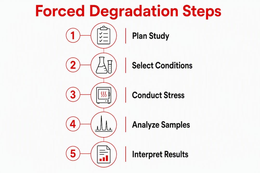 Infographic showing steps in forced degradation studies