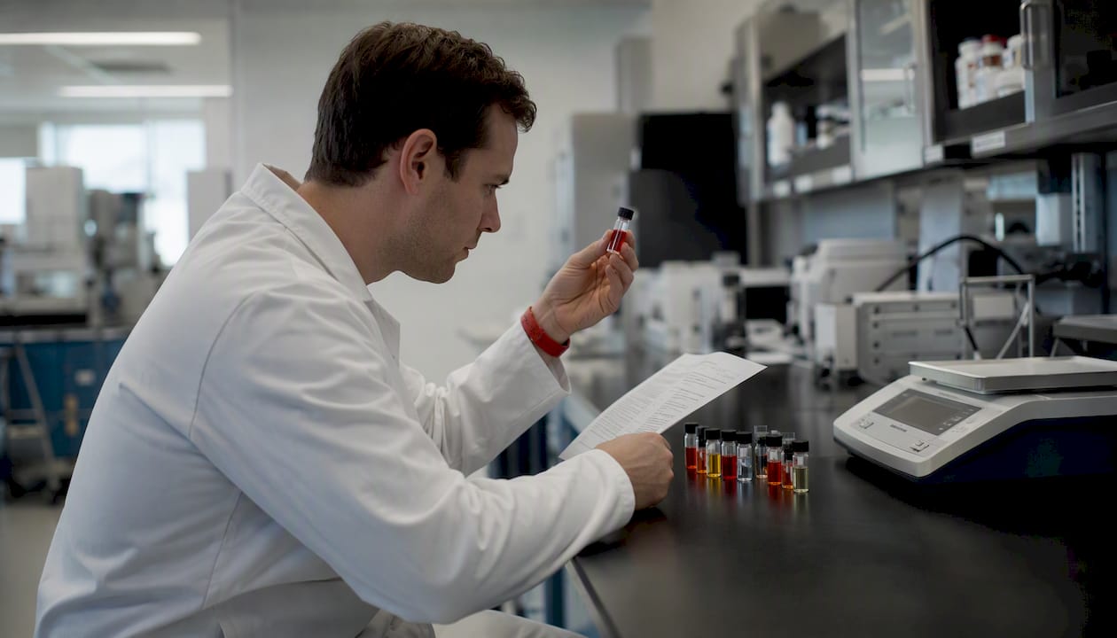 Chemist inspecting research chemical vial in lab