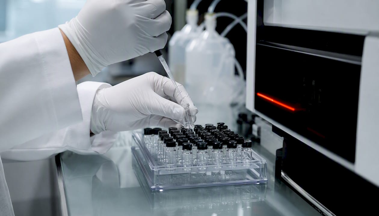 Hands pipetting forced degradation sample into vial