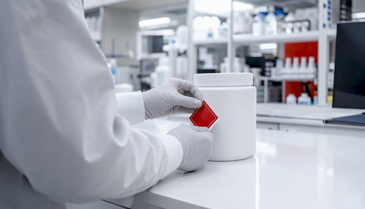 Hands labeling hazardous materials package