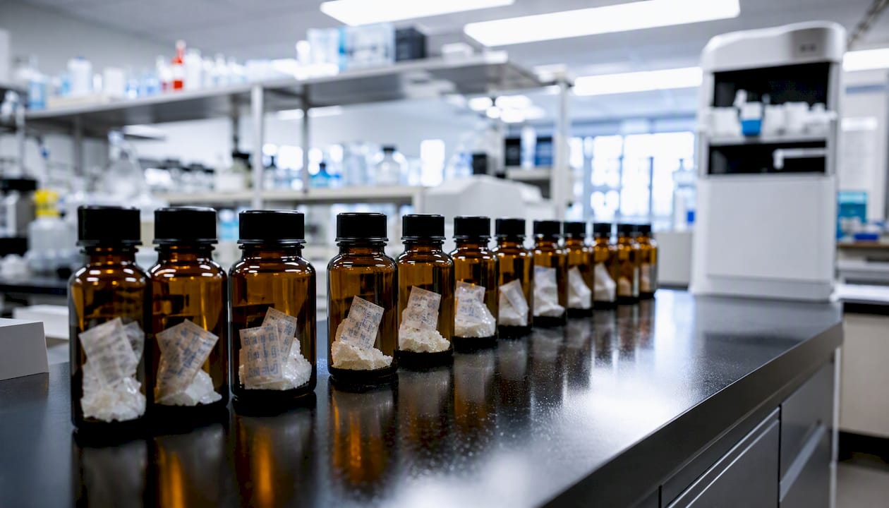 Amber glass vials with desiccants for chemical storage