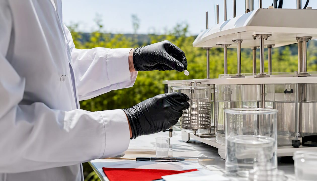 Scientist placing tablet into dissolution apparatus