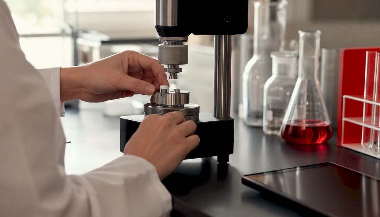 Hands measuring tablet hardness in lab