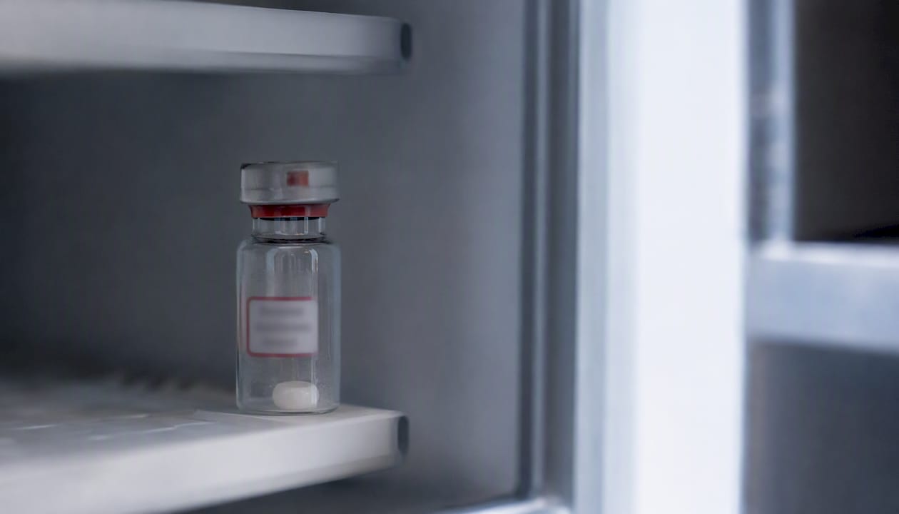 Sealed vial in cold storage rack