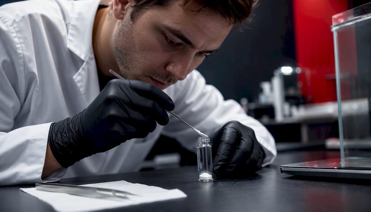 Gloved hands transferring powder in clinical lab