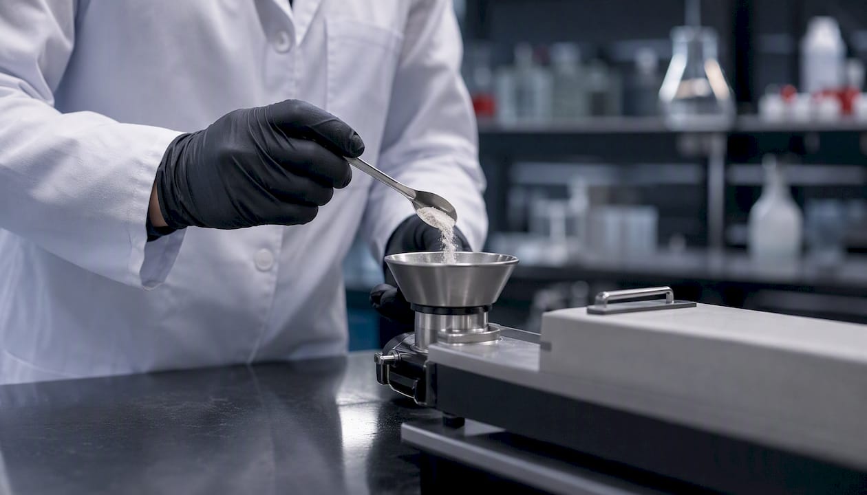 Technician pouring powder into flow instrument