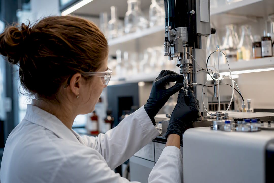 Technician handling chromatography setup